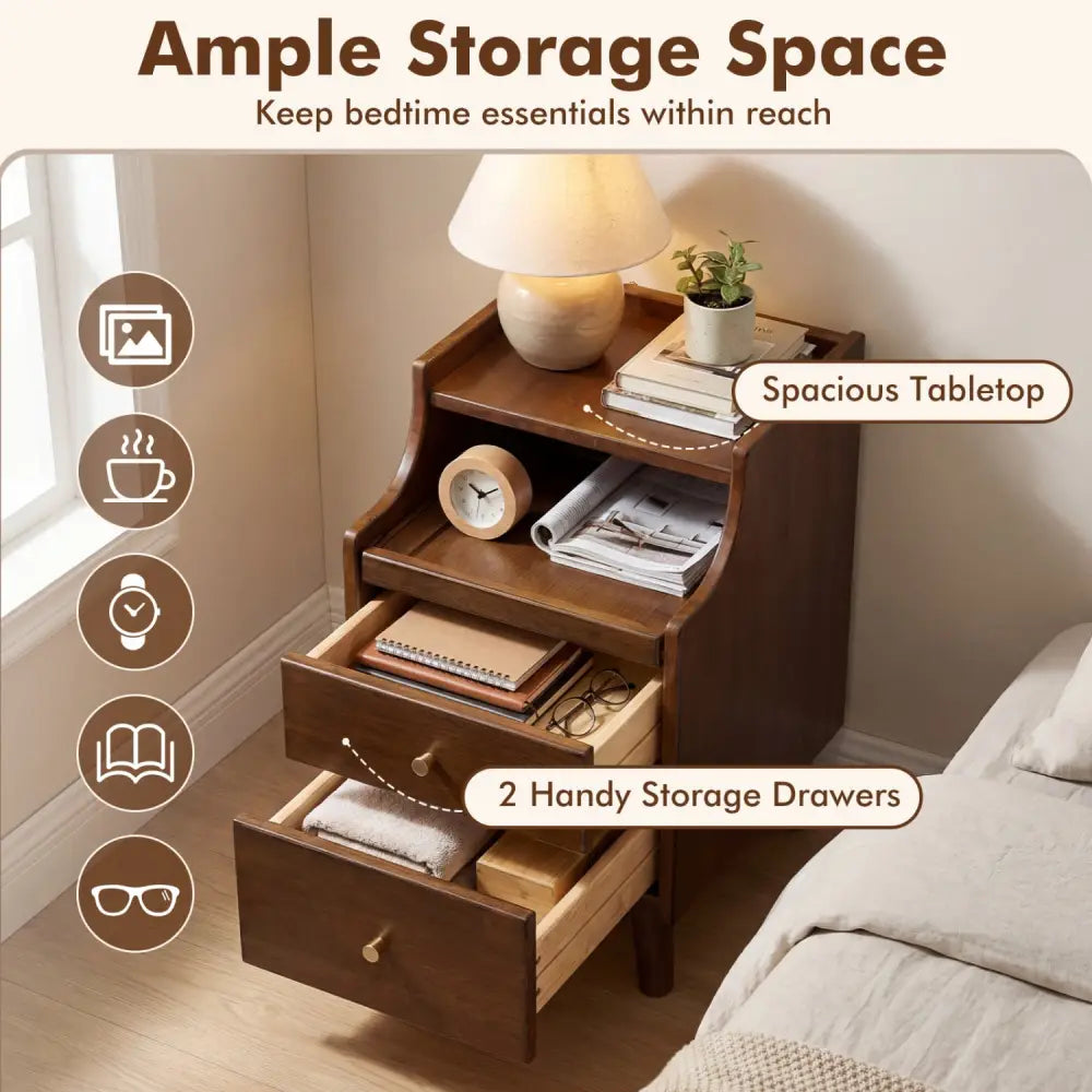 Wood Nightstand Set of 2 with Drawers and Solid Wood Legs-Brown - Brown - Nightstands