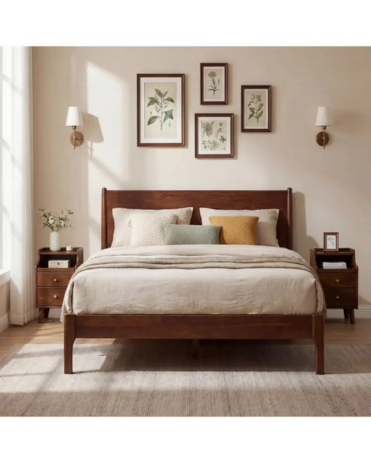Wood Nightstand Set of 2 with Drawers and Solid Wood Legs-Brown - Brown - Nightstands