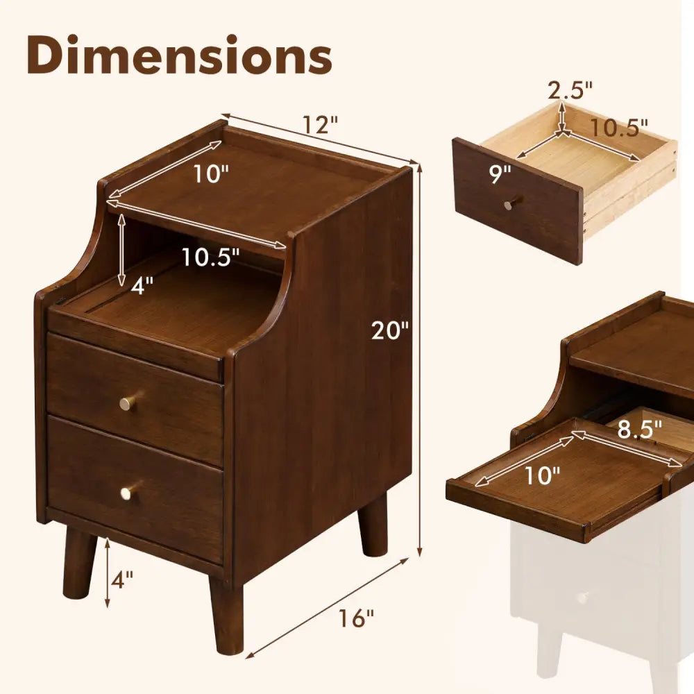 Wood Nightstand with Drawers and Solid Wood Legs for Bedroom-Brown - Brown - Nightstands