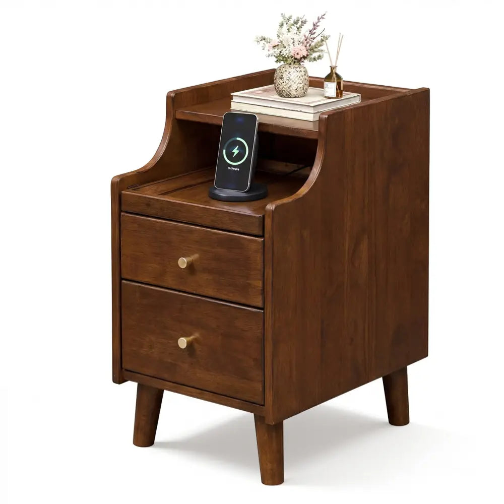 Wood Nightstand with Drawers and Solid Wood Legs for Bedroom-Brown - Brown - Nightstands
