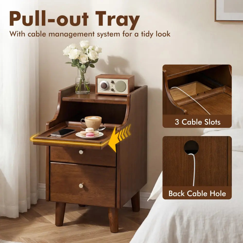 Wood Nightstand with Drawers and Solid Wood Legs for Bedroom-Brown - Brown - Nightstands