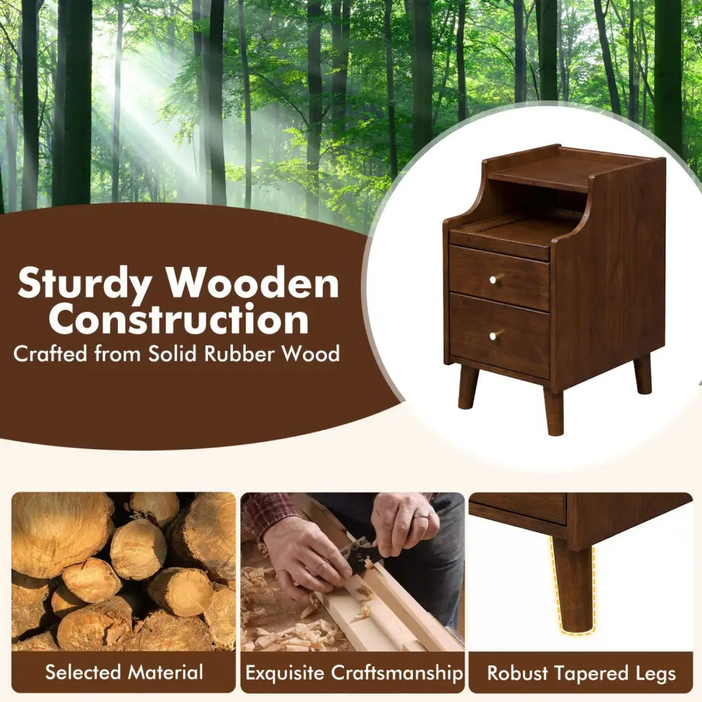 Wood Nightstand with Drawers and Solid Wood Legs for Bedroom-Brown - Brown - Nightstands