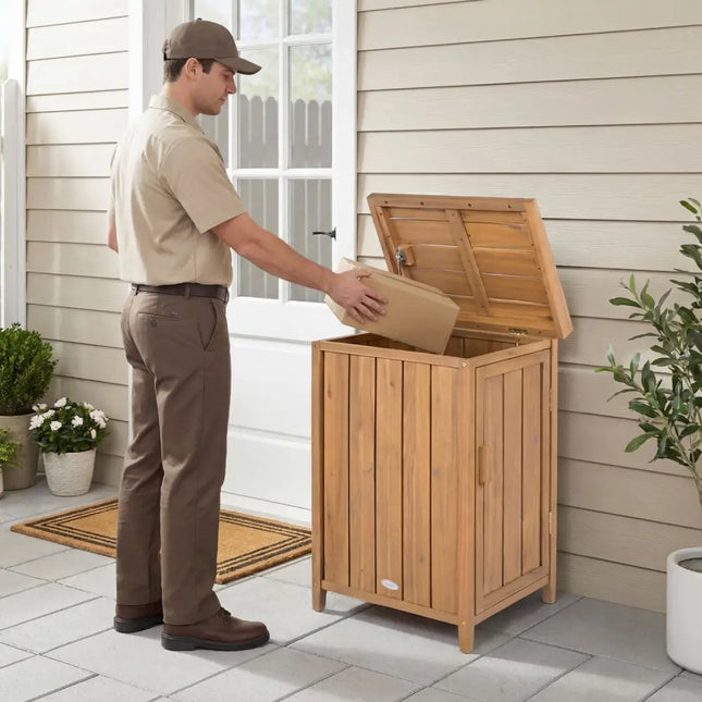 Wood Package Delivery Box with Openable Lid and Removable Shelf for Garden - Natural - Sheds & Outdoor Storage