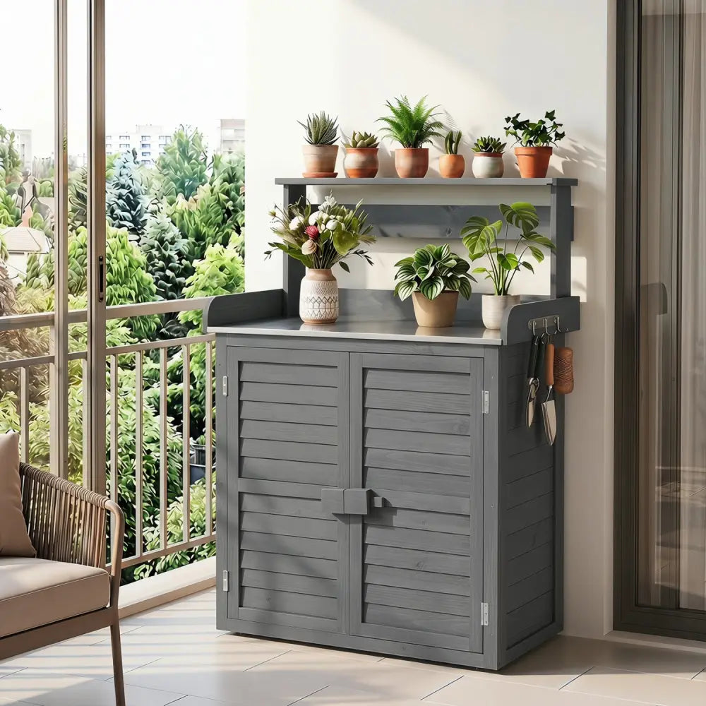 Wood Plant Workstation with Stainless Steel Tabletop and Removable Shelves-Gray - Gray - Potting Benches & Tables