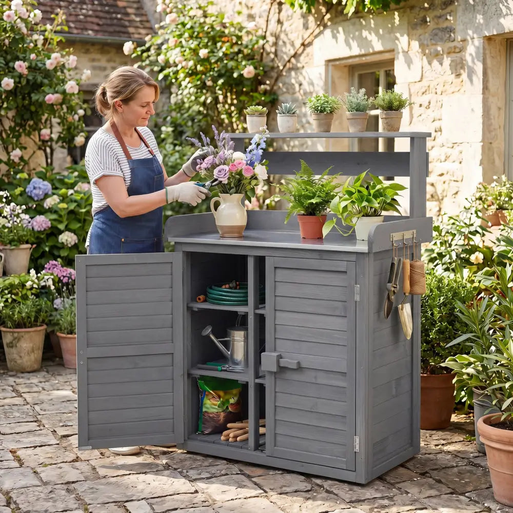 Wood Plant Workstation with Stainless Steel Tabletop and Removable Shelves-Gray - Gray - Potting Benches & Tables