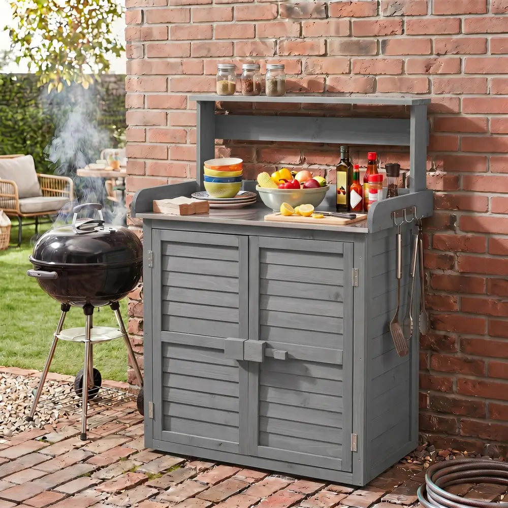 Wood Plant Workstation with Stainless Steel Tabletop and Removable Shelves-Gray - Gray - Potting Benches & Tables