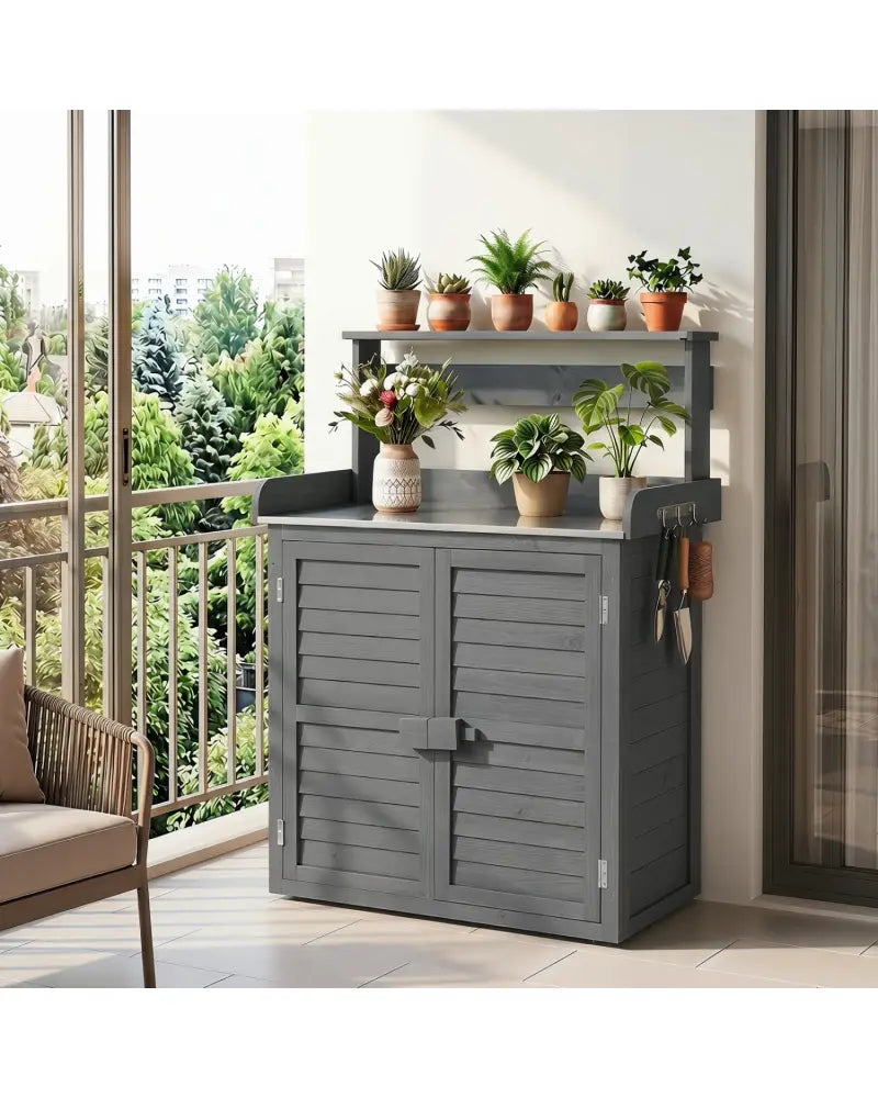 Wood Plant Workstation with Stainless Steel Tabletop and Removable Shelves-Gray - Gray - Potting Benches & Tables