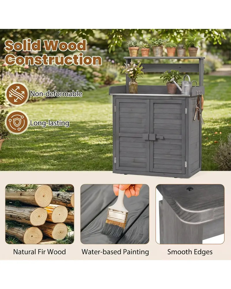 Wood Plant Workstation with Stainless Steel Tabletop and Removable Shelves-Gray - Gray - Potting Benches & Tables