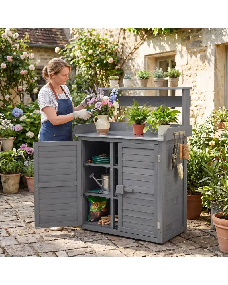 Wood Plant Workstation with Stainless Steel Tabletop and Removable Shelves-Gray - Gray - Potting Benches & Tables