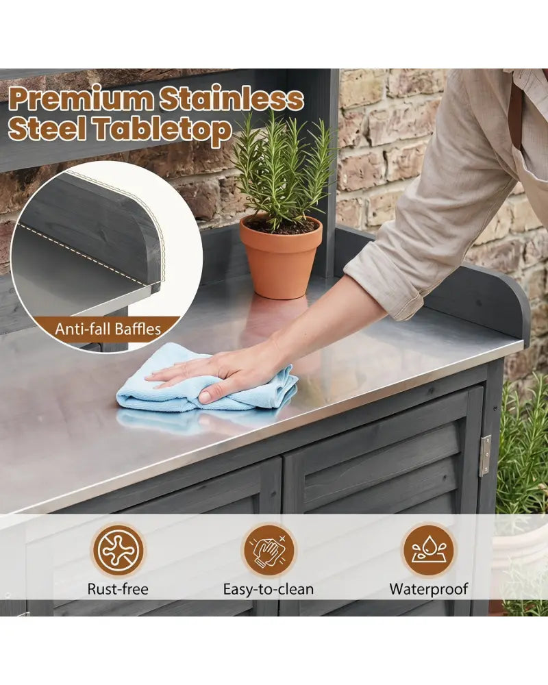 Wood Plant Workstation with Stainless Steel Tabletop and Removable Shelves-Gray - Gray - Potting Benches & Tables