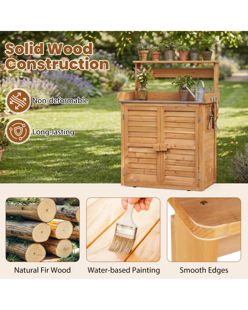 Wood Plant Workstation with Stainless Steel Tabletop and Removable Shelves-Natrual - Natural - Potting Benches & Tables