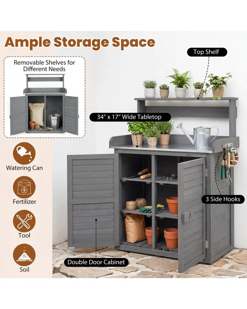 Wood Plant Workstation with Stainless Steel Tabletop and Removable Shelves-Gray - Gray - Potting Benches & Tables
