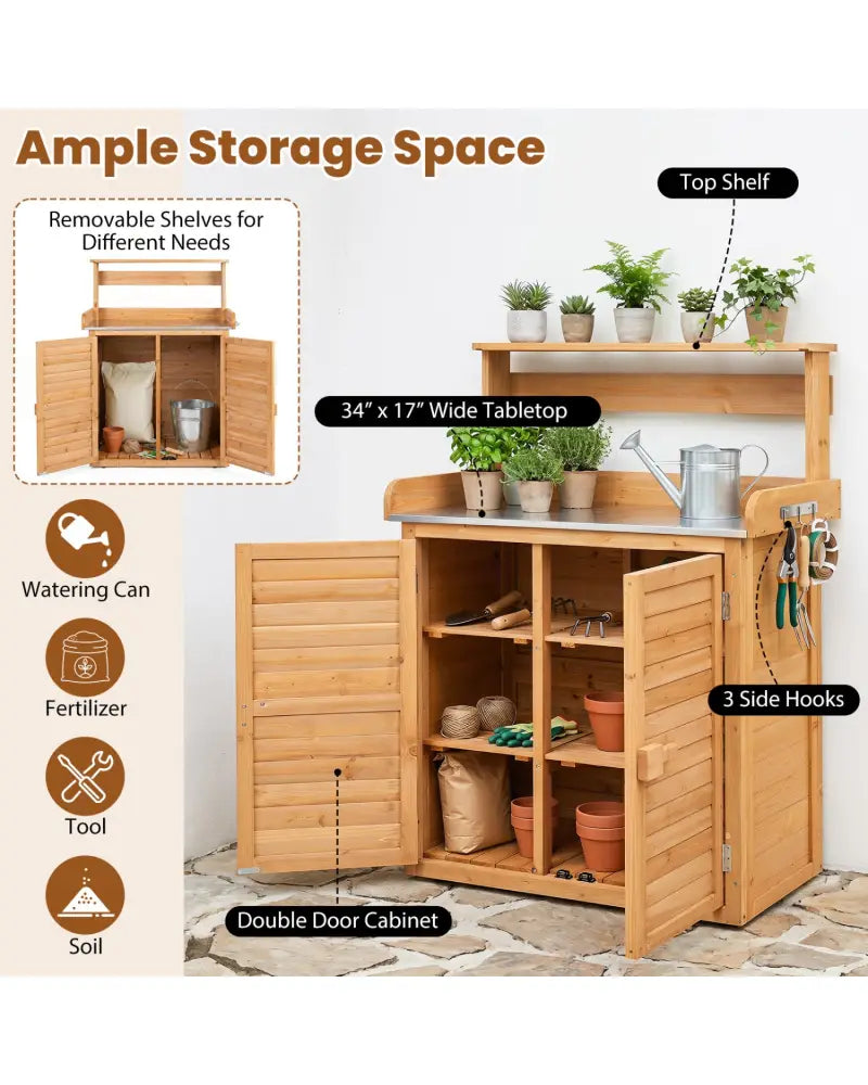 Wood Plant Workstation with Stainless Steel Tabletop and Removable Shelves-Natrual - Natural - Potting Benches & Tables