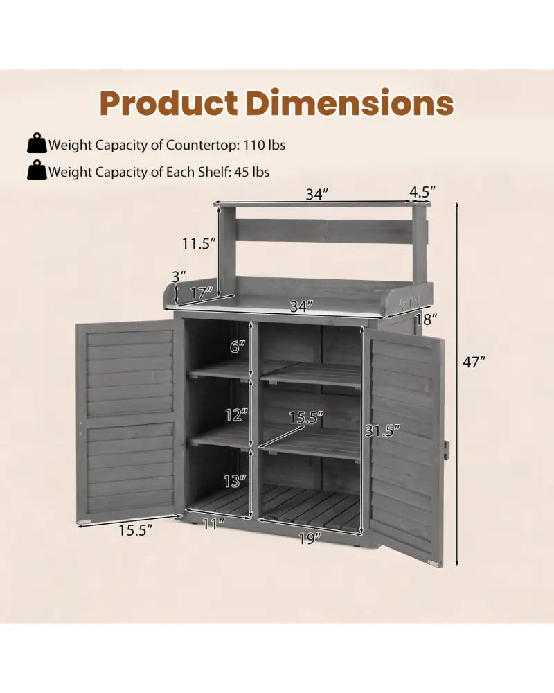 Wood Plant Workstation with Stainless Steel Tabletop and Removable Shelves-Gray - Gray - Potting Benches & Tables