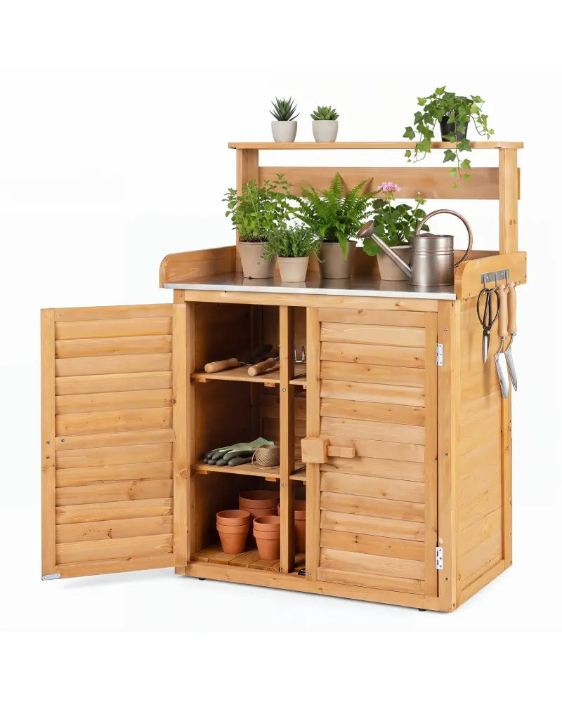 Wood Plant Workstation with Stainless Steel Tabletop and Removable Shelves-Natrual - Natural - Potting Benches & Tables
