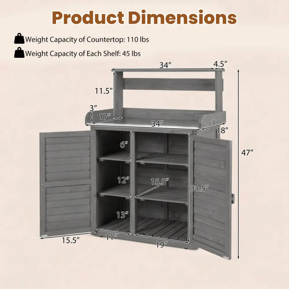 Wood Plant Workstation with Stainless Steel Tabletop and Removable Shelves-Gray - Gray - Potting Benches & Tables