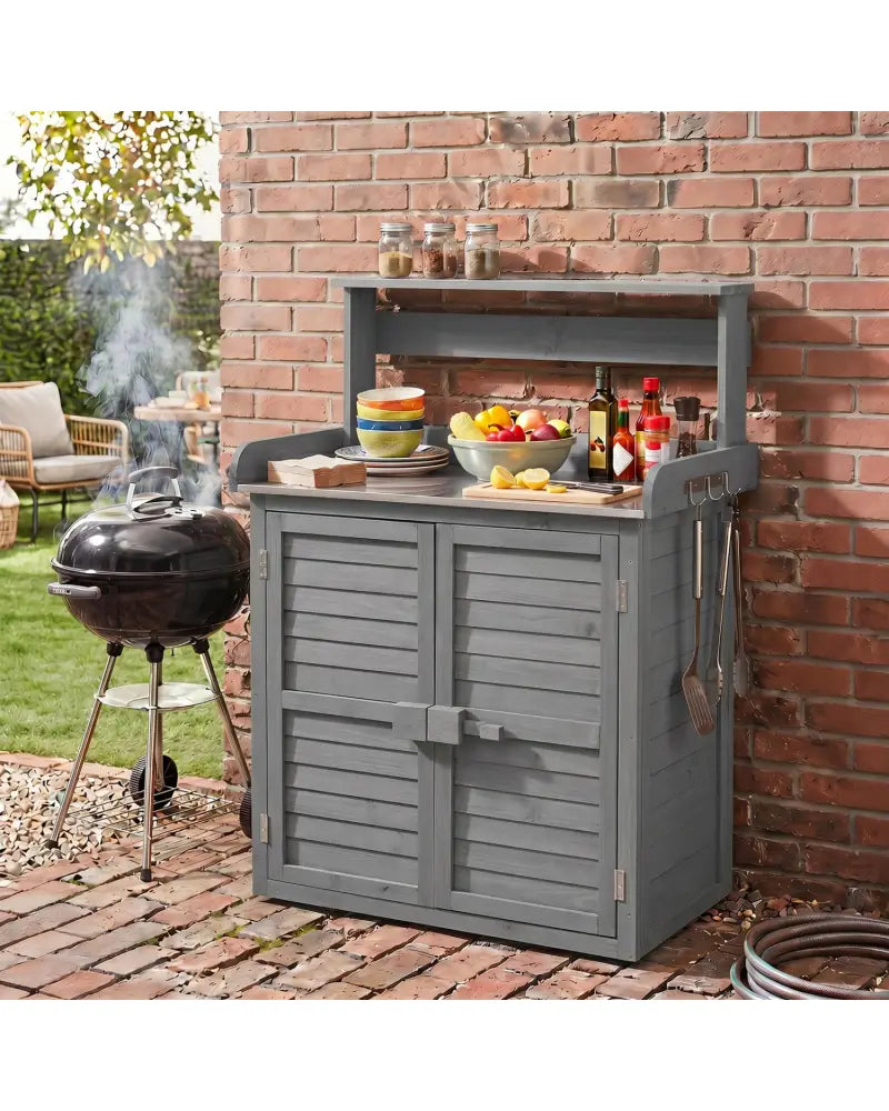 Wood Plant Workstation with Stainless Steel Tabletop and Removable Shelves-Gray - Gray - Potting Benches & Tables