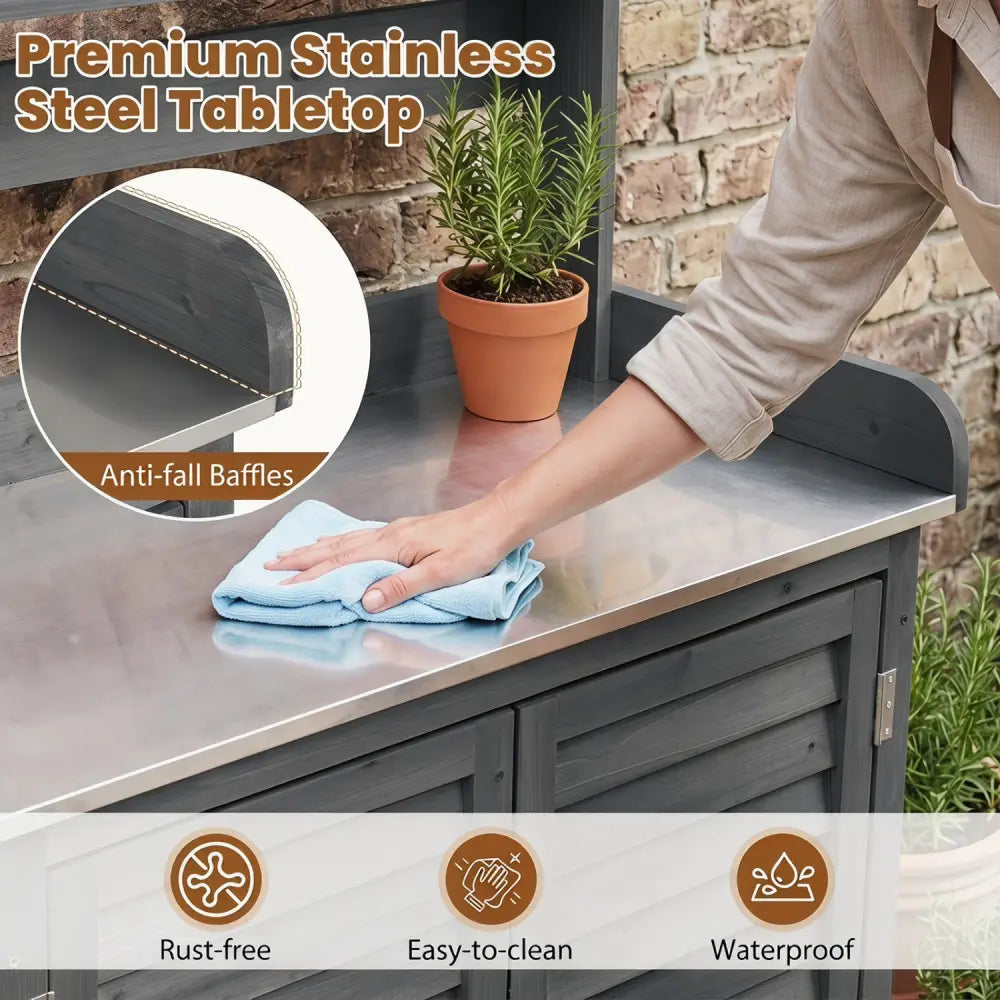 Wood Plant Workstation with Stainless Steel Tabletop and Removable Shelves-Gray - Gray - Potting Benches & Tables
