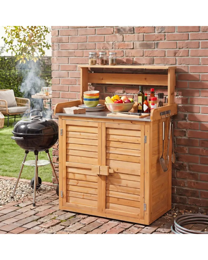Wood Plant Workstation with Stainless Steel Tabletop and Removable Shelves-Natrual - Natural - Potting Benches & Tables