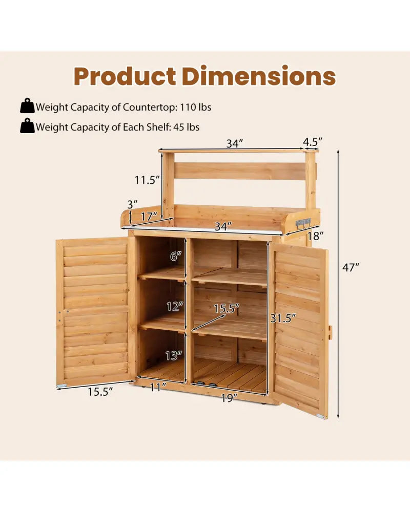 Wood Plant Workstation with Stainless Steel Tabletop and Removable Shelves-Natrual - Natural - Potting Benches & Tables
