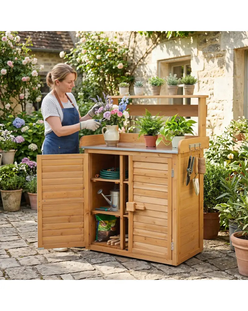 Wood Plant Workstation with Stainless Steel Tabletop and Removable Shelves-Natrual - Natural - Potting Benches & Tables