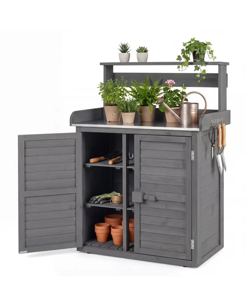 Wood Plant Workstation with Stainless Steel Tabletop and Removable Shelves-Gray - Gray - Potting Benches & Tables
