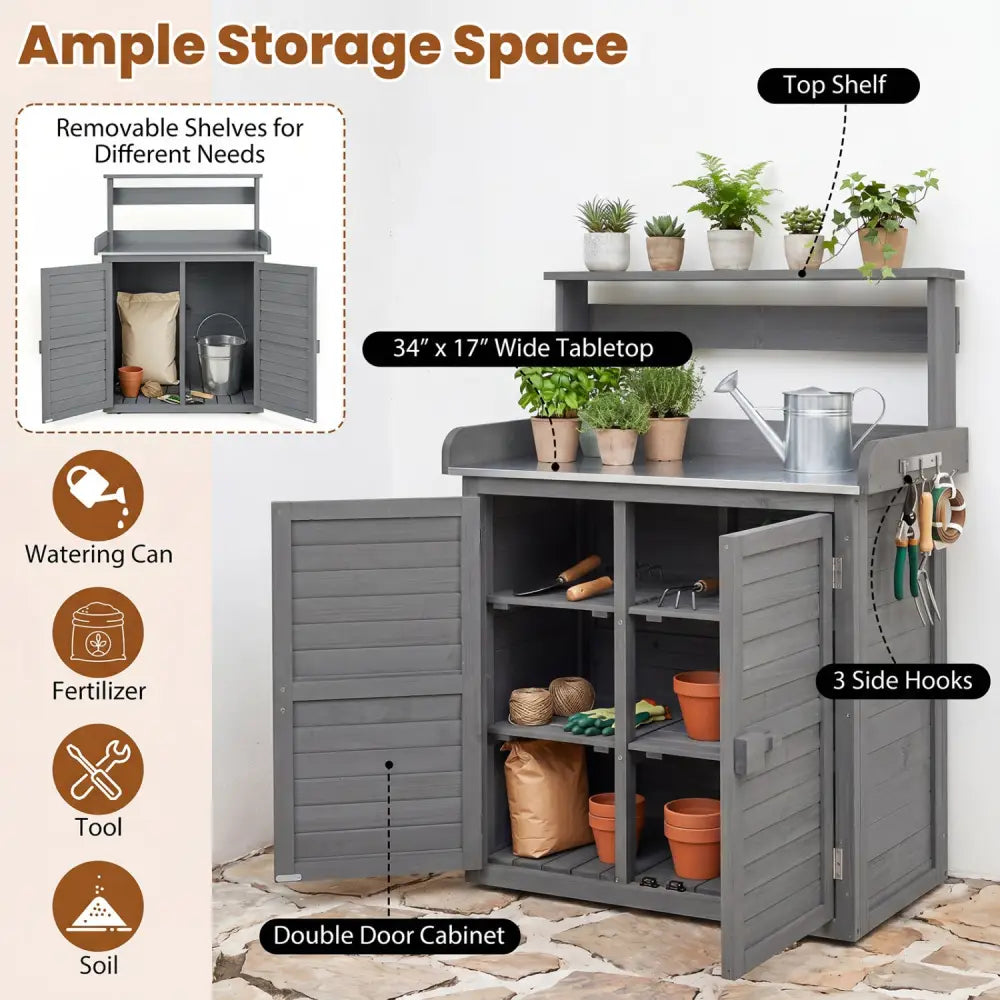 Wood Plant Workstation with Stainless Steel Tabletop and Removable Shelves-Gray - Gray - Potting Benches & Tables