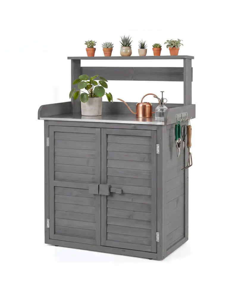 Wood Plant Workstation with Stainless Steel Tabletop and Removable Shelves-Gray - Gray - Potting Benches & Tables