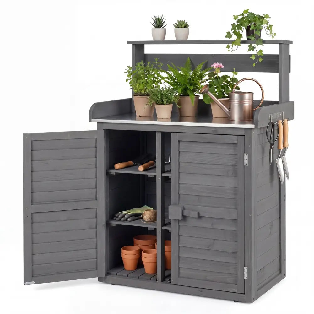 Wood Plant Workstation with Stainless Steel Tabletop and Removable Shelves-Gray - Gray - Potting Benches & Tables