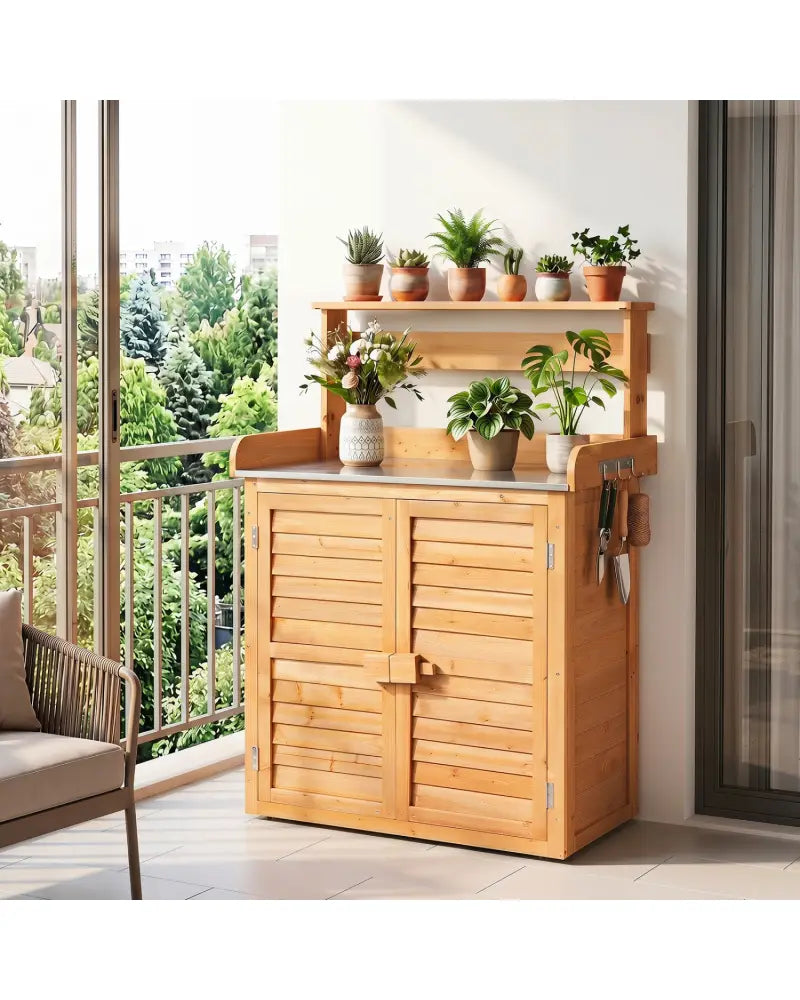 Wood Plant Workstation with Stainless Steel Tabletop and Removable Shelves-Natrual - Natural - Potting Benches & Tables