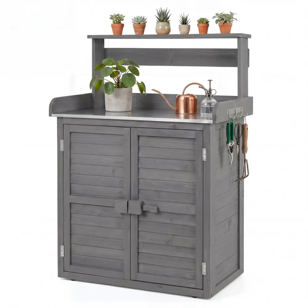 Wood Plant Workstation with Stainless Steel Tabletop and Removable Shelves-Gray - Gray - Potting Benches & Tables