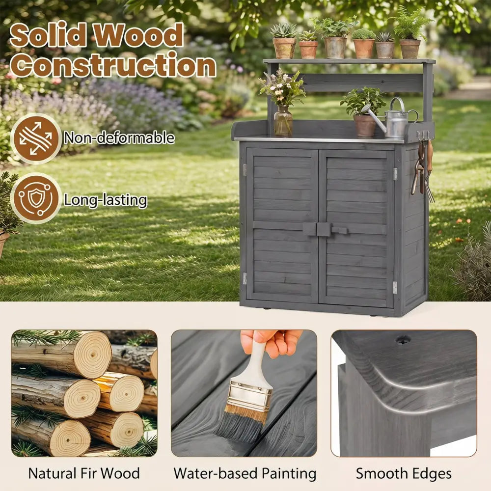 Wood Plant Workstation with Stainless Steel Tabletop and Removable Shelves-Gray - Gray - Potting Benches & Tables