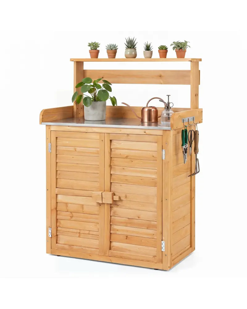 Wood Plant Workstation with Stainless Steel Tabletop and Removable Shelves-Natrual - Natural - Potting Benches & Tables
