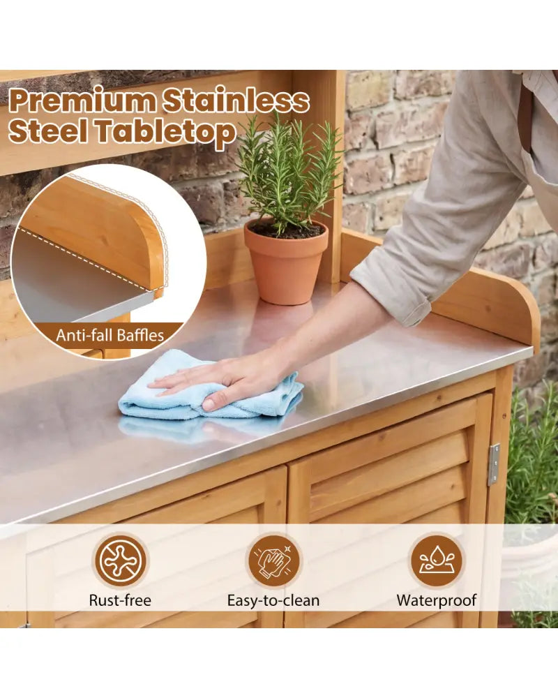 Wood Plant Workstation with Stainless Steel Tabletop and Removable Shelves-Natrual - Natural - Potting Benches & Tables
