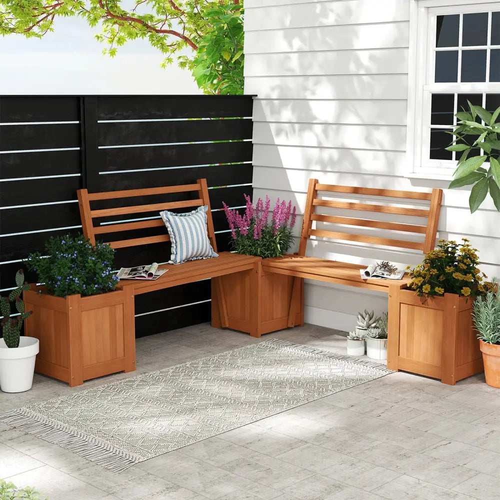 Wood Planter Box with Bench and Backrest for Garden Yard Balcony - Natural - Raised Garden Beds