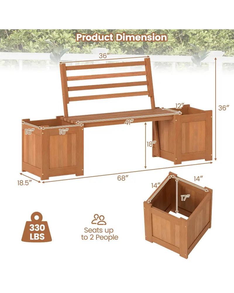 Wood Planter Box with Bench and Backrest for Garden Yard Balcony - Natural - Raised Garden Beds