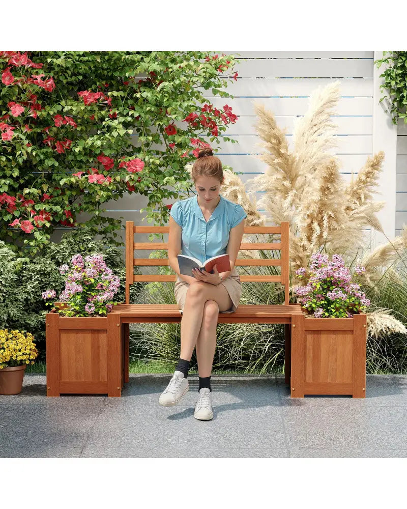 Wood Planter Box with Bench and Backrest for Garden Yard Balcony - Natural - Raised Garden Beds