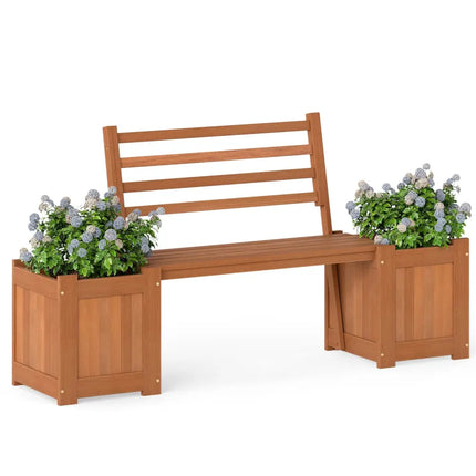 Wood Planter Box with Bench and Backrest for Garden Yard Balcony - Natural - Raised Garden Beds