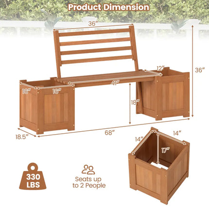 Wood Planter Box with Bench and Backrest for Garden Yard Balcony - Natural - Raised Garden Beds