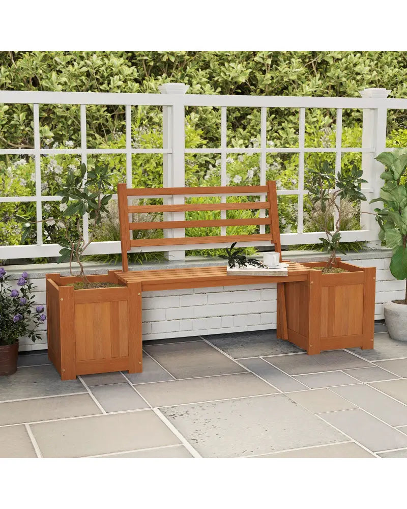 Wood Planter Box with Bench and Backrest for Garden Yard Balcony - Natural - Raised Garden Beds