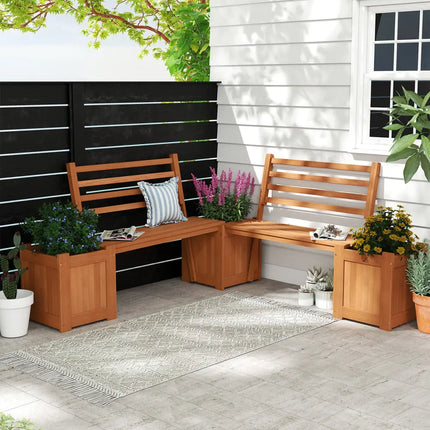Wood Planter Box with Bench and Backrest for Garden Yard Balcony - Natural - Raised Garden Beds