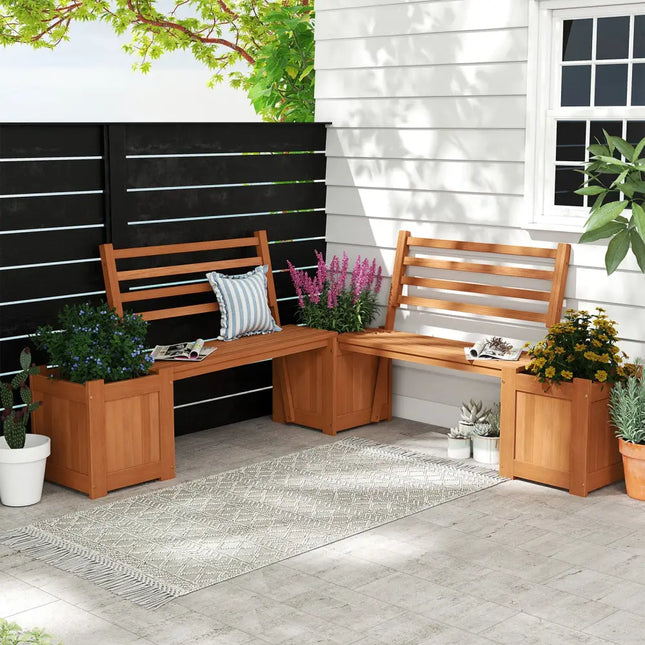 Wood Planter Box with Bench and Backrest for Garden Yard Balcony - Natural - Raised Garden Beds