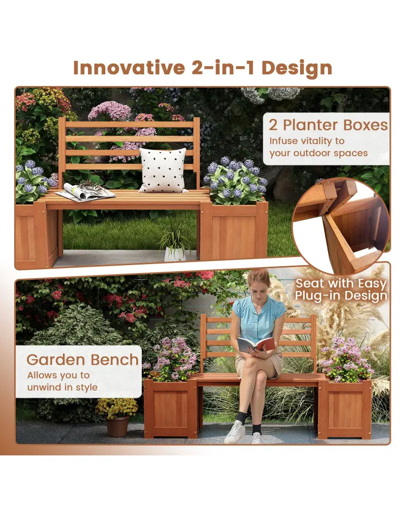 Wood Planter Box with Bench and Backrest for Garden Yard Balcony - Natural - Raised Garden Beds