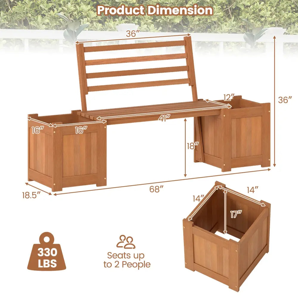 Wood Planter Box with Bench and Backrest for Garden Yard Balcony - Natural - Raised Garden Beds