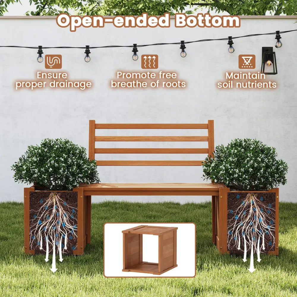 Wood Planter Box with Bench and Backrest for Garden Yard Balcony - Natural - Raised Garden Beds