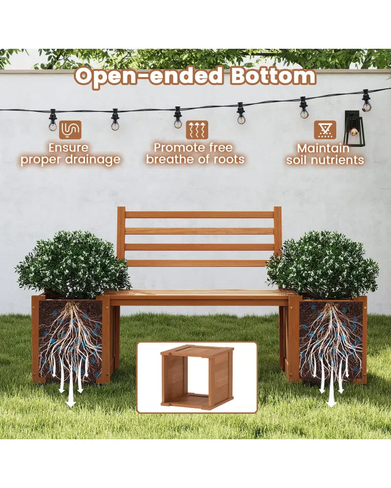 Wood Planter Box with Bench and Backrest for Garden Yard Balcony - Natural - Raised Garden Beds