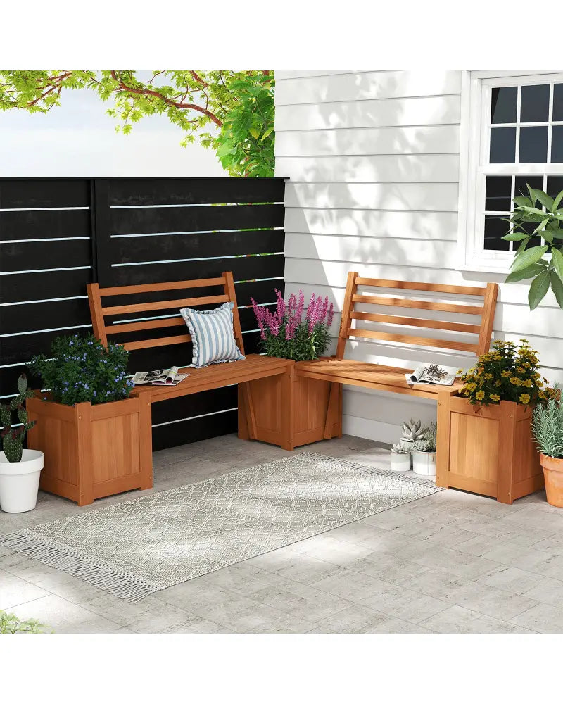 Wood Planter Box with Bench and Backrest for Garden Yard Balcony - Natural - Raised Garden Beds
