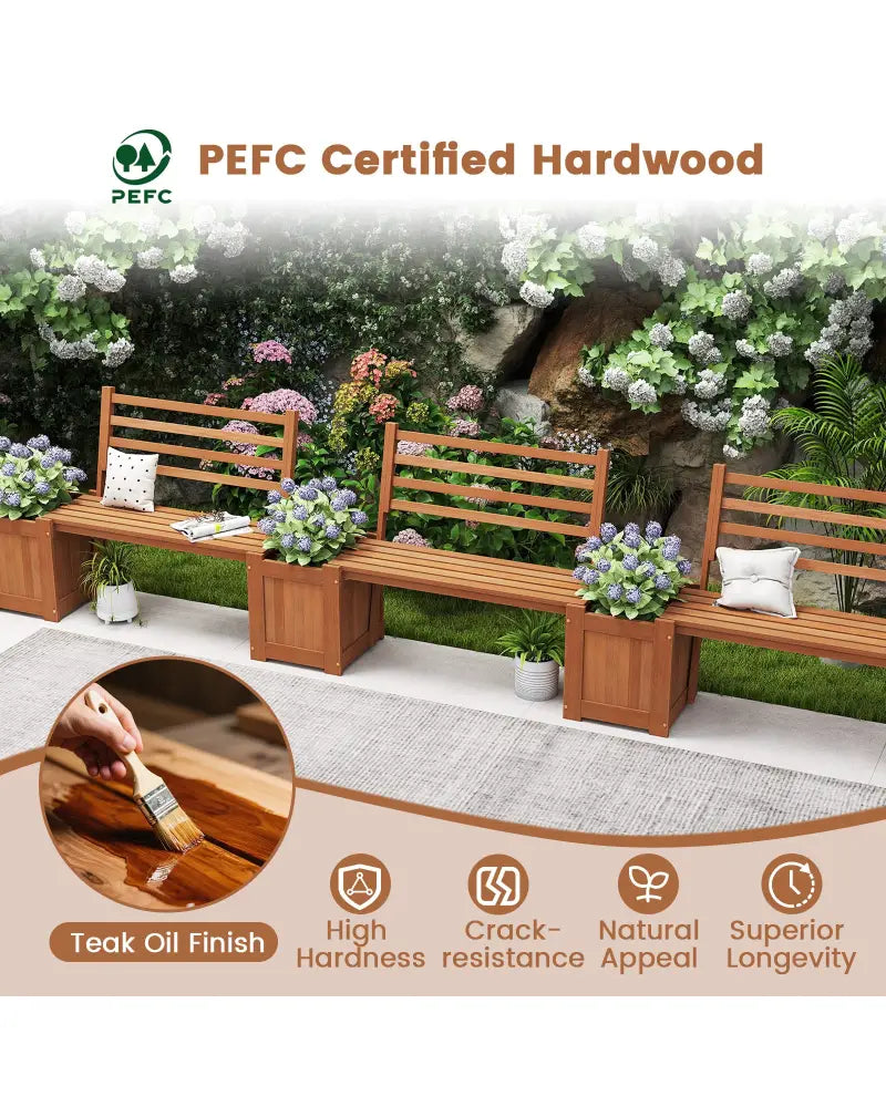 Wood Planter Box with Bench and Backrest for Garden Yard Balcony - Natural - Raised Garden Beds