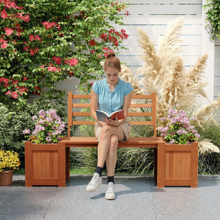 Wood Planter Box with Bench and Backrest for Garden Yard Balcony - Natural - Raised Garden Beds
