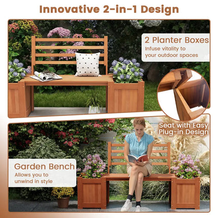 Wood Planter Box with Bench and Backrest for Garden Yard Balcony - Natural - Raised Garden Beds